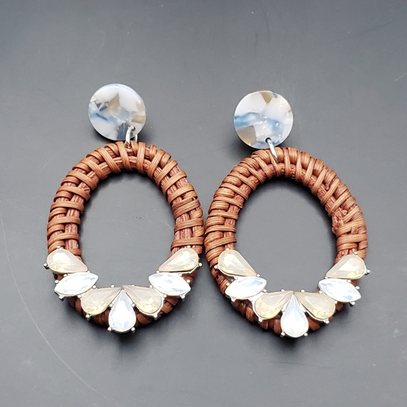 Woven Rattan with Rhinestone Cluster and Abalone Post Dangle 2.5" - Picture 5 of 6